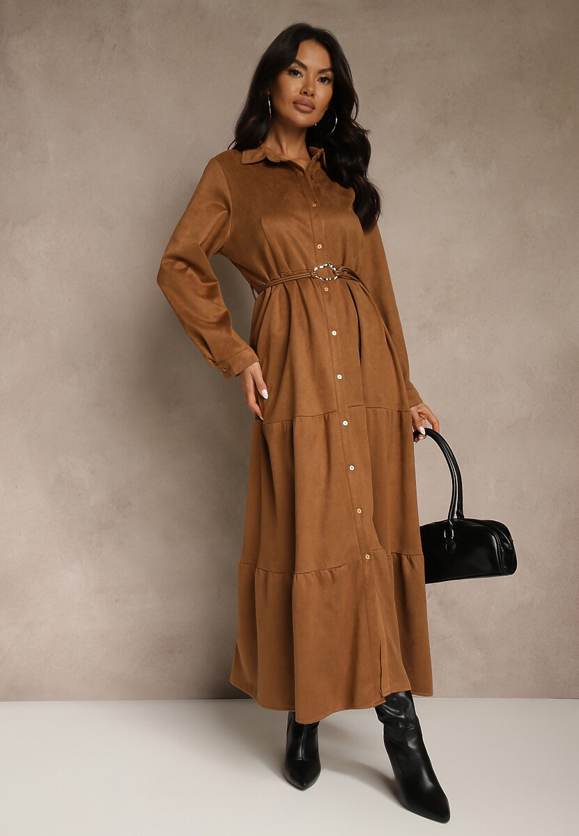 Brązowa Sukienka Koszulowa z Wiskozy Ozdobiona Paskiem Retelsa