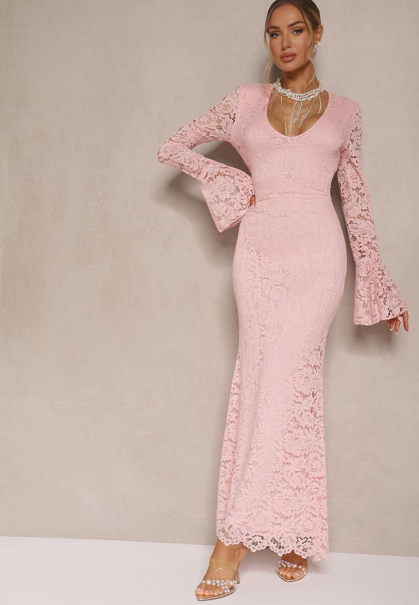 Ciemnoróżowa Dopasowana Sukienka Zdobiona Koronką z Rozszerzanym Dołem Hannalis