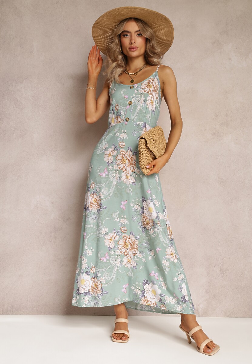 Jasnozielona Sukienka w Kwiaty na Ramiączkach Lydienne