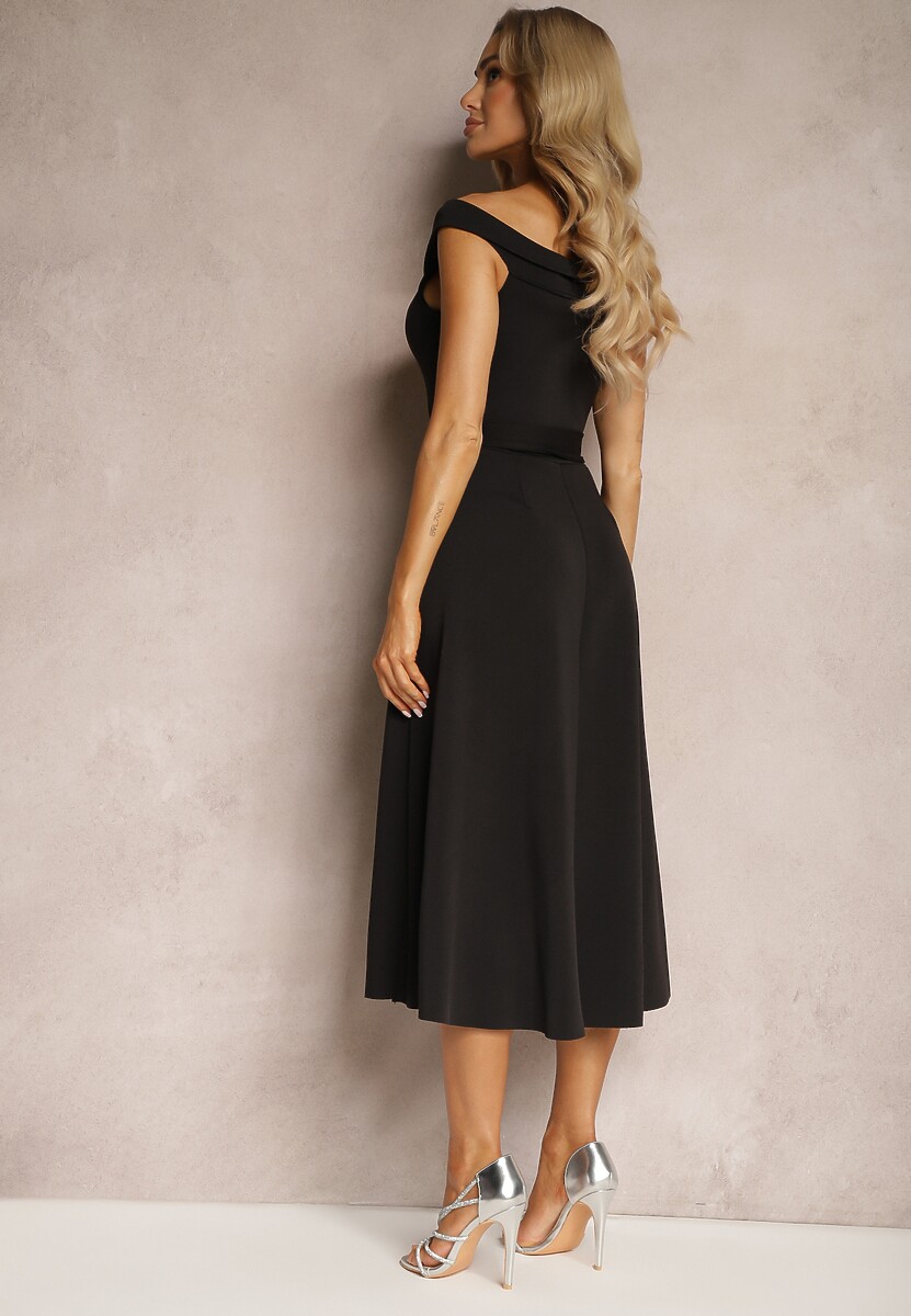 Czarna Sukienka Wieczorowa Hiszpanka z Materiałowym Paskiem Yellia