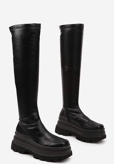 Czarne Caualowe Kozaki w Stylu Muszkieterek na Platformie Leniefra