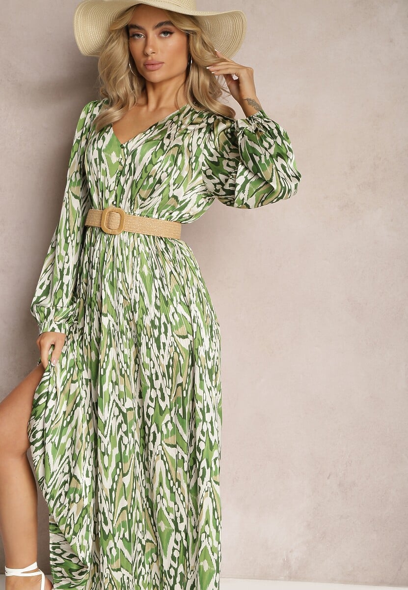 Zielona Rozkloszowana Sukienka Maxi z Gumką w Pasie Ozdobiona Abstrakcyjnym Wzorem Raliven