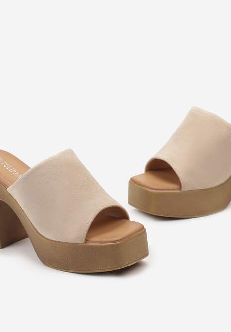 Beżowe Klapki na Słupku w Typie Chodaków z Noskiem w Kwadrat Oriantha