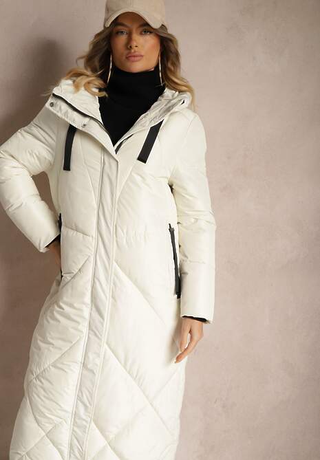 Biała Pudełkowa Kurtka o Długim Kroju z Pikowanymi Przeszyciami Kapturem i Kieszeniami Calatta