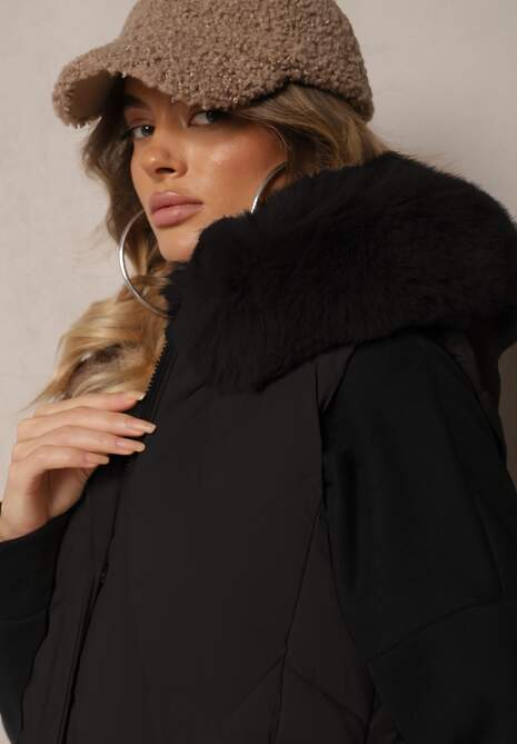 Czarna Kamizelka Pikowana z Kapturem i Odczepianym Futerkiem Innaleia