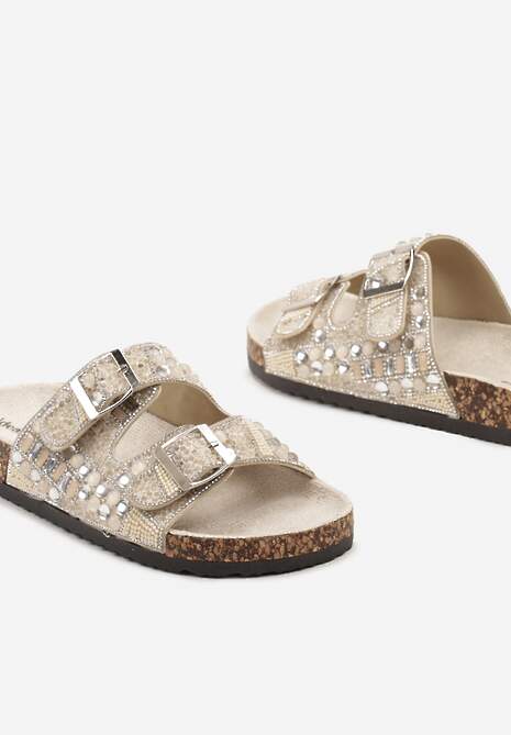 Beżowe Płaskie Klapki z Imitacji Skóry z Klamrami Ozdobione Cyrkoniami i Kamykami Allenda