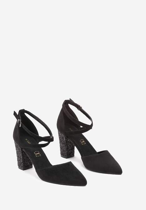 Czarne Czółenka na Brokatowym Słupku ze Skórzaną Wkładką i Ozdobnymi Paskami Leaniria