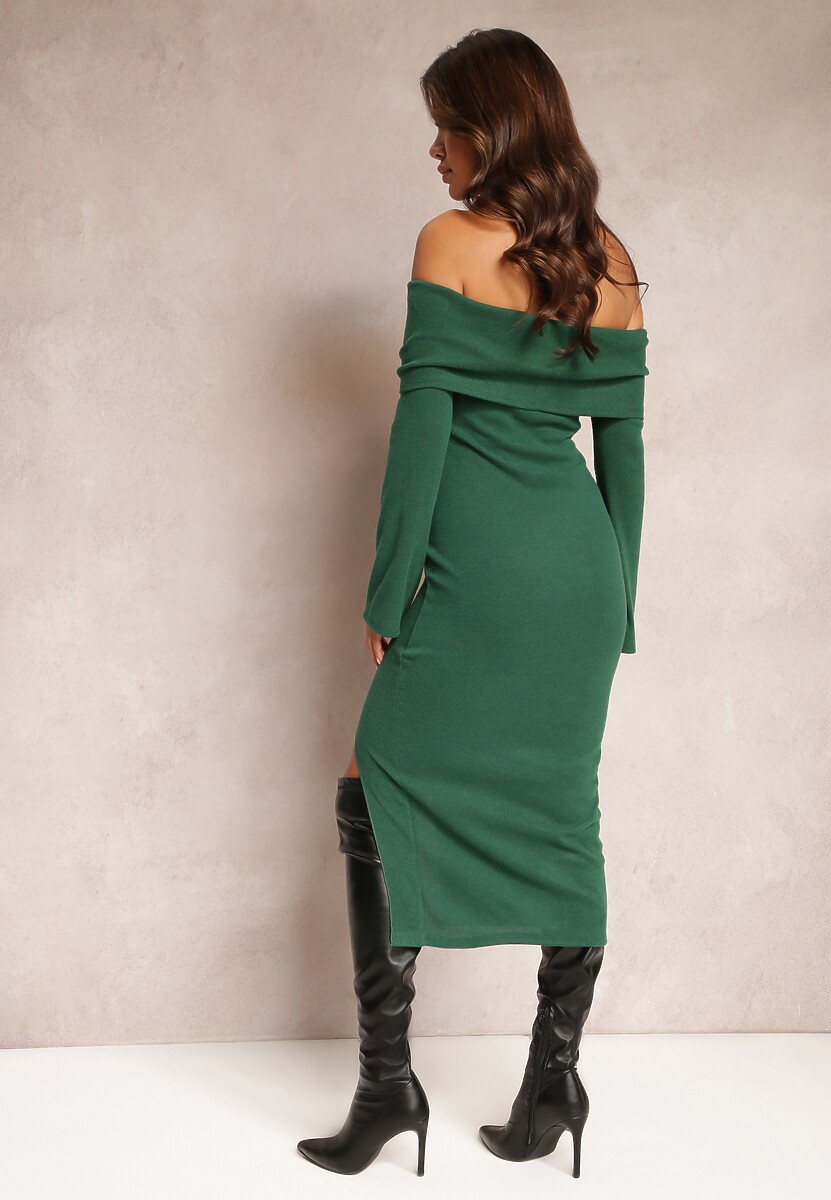 Ciemnozielona Dopasowana Sukienka Hiszpanka z Rozcięciem Phillas