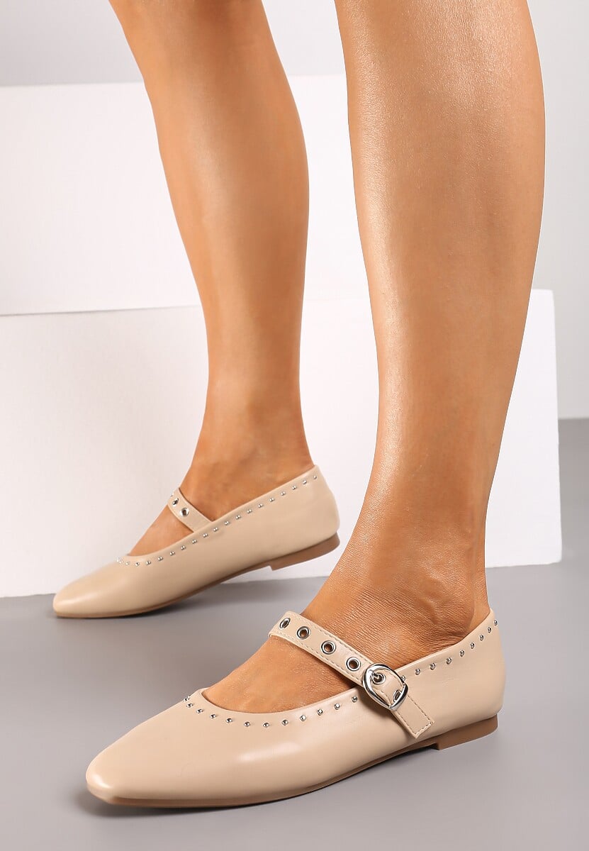 Beżowe Balerinki na Płaskiej Podeszwie Mary Jane z Ćwiekami Bialonna