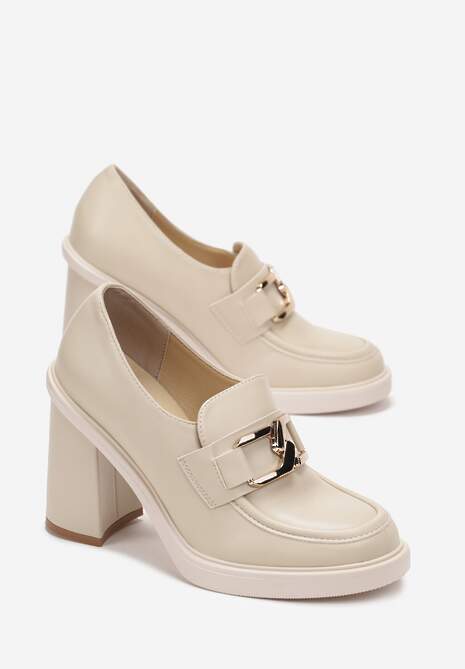 Beżowe Półbuty na Słupku z Klamerką w Stylu Mokasynów Tiggi