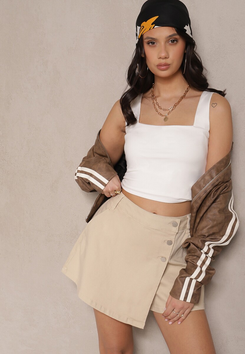 Beżowe Spódnico-Spodenki z Zakładką i Ozdobnymi Guzikami Finritia