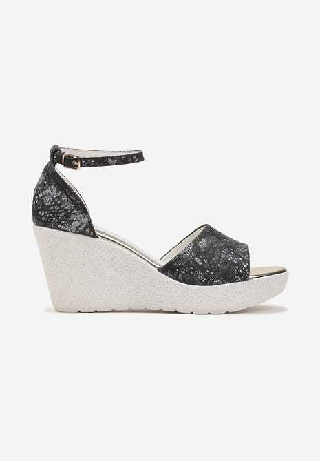 Czarne Sandały na Wysokim Koturnie i Platformie z Wkładką ze Skóry Naturalnej Folwi