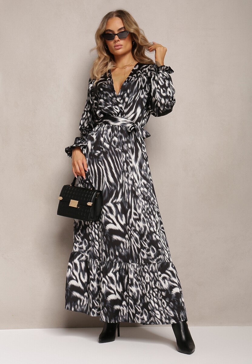 Szara Rozkloszowana Sukienka z Gumką w Talii i Kopertowym Dekoltem Janiis