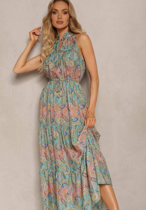Niebiesko-Zielona Sukienka w Stylu Boho Bez Rękawów z Gumką w Pasie i Wiązaniem przy Dekolcie Yisa