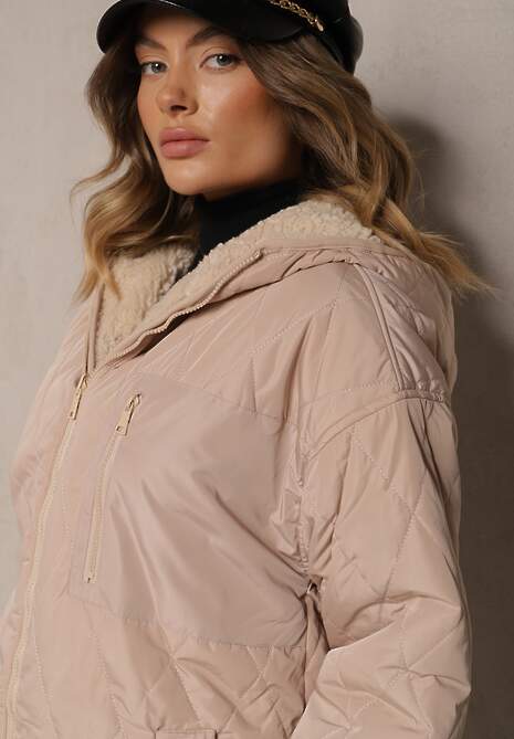 Beżowa Pikowana Kurtka Dwustronna z Futrem i Kapturem Emalira