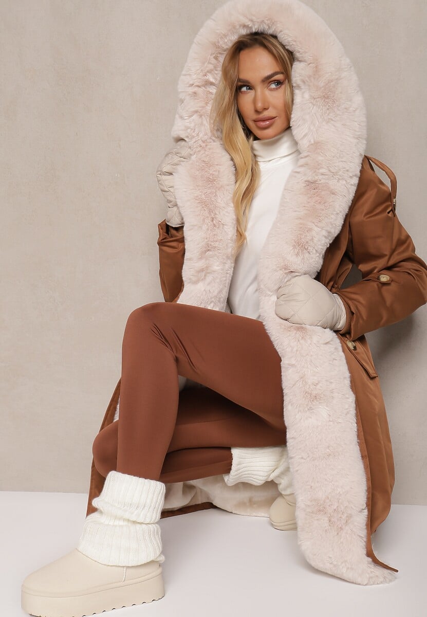 Brązowa Ocieplana Kurtka Parka z Kapturem i Ściągaczem w Pasie Semilaura