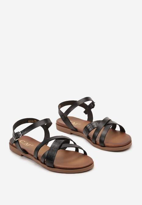 Czarne Sandały na Płaskiej Podeszwie z Imitacji Skóry Zapinane na Sprzączkę Enolla