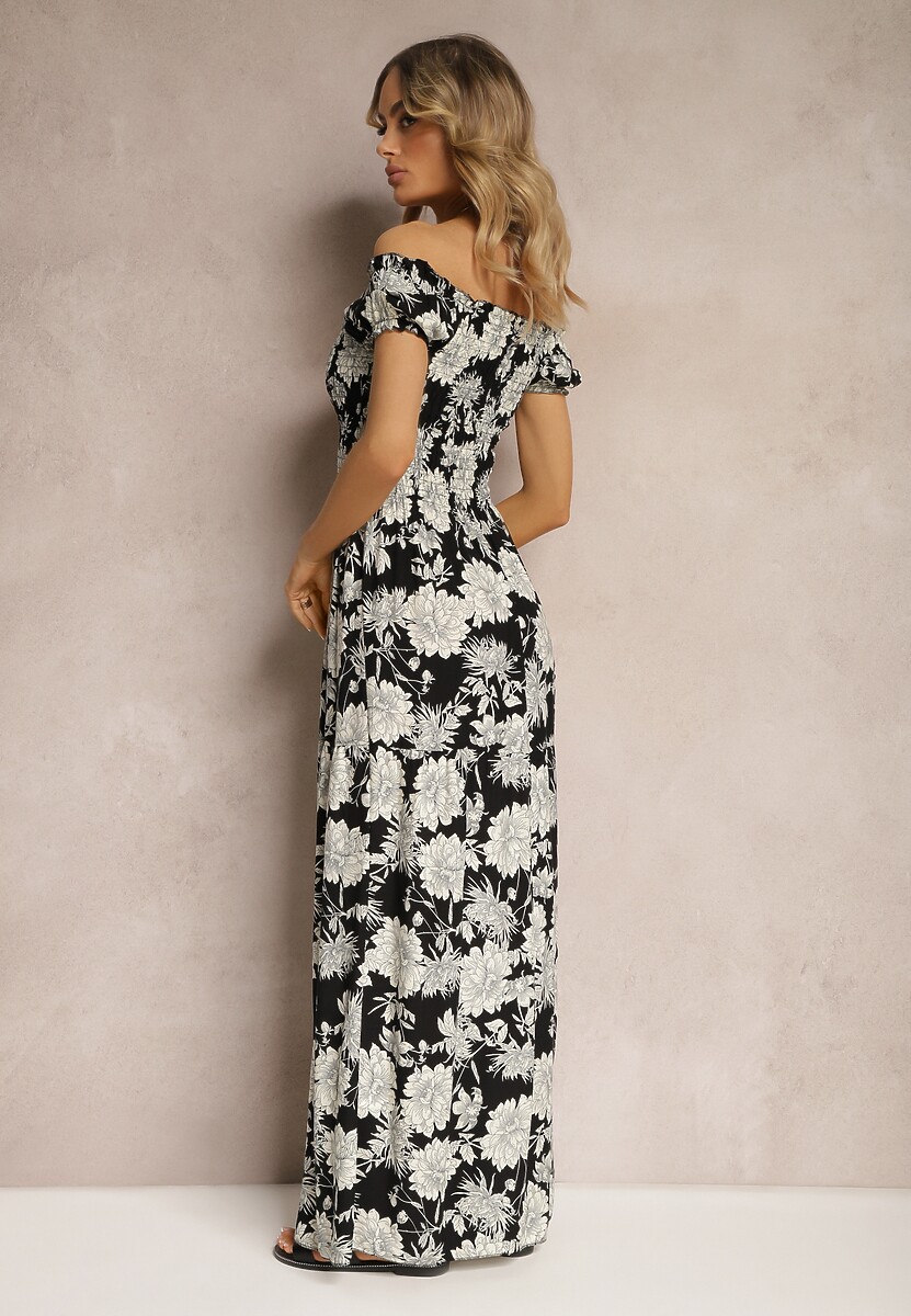 Czarno-Biała Wiskozowa Sukienka Hiszpanka z Marszczoną Górą Zimbia