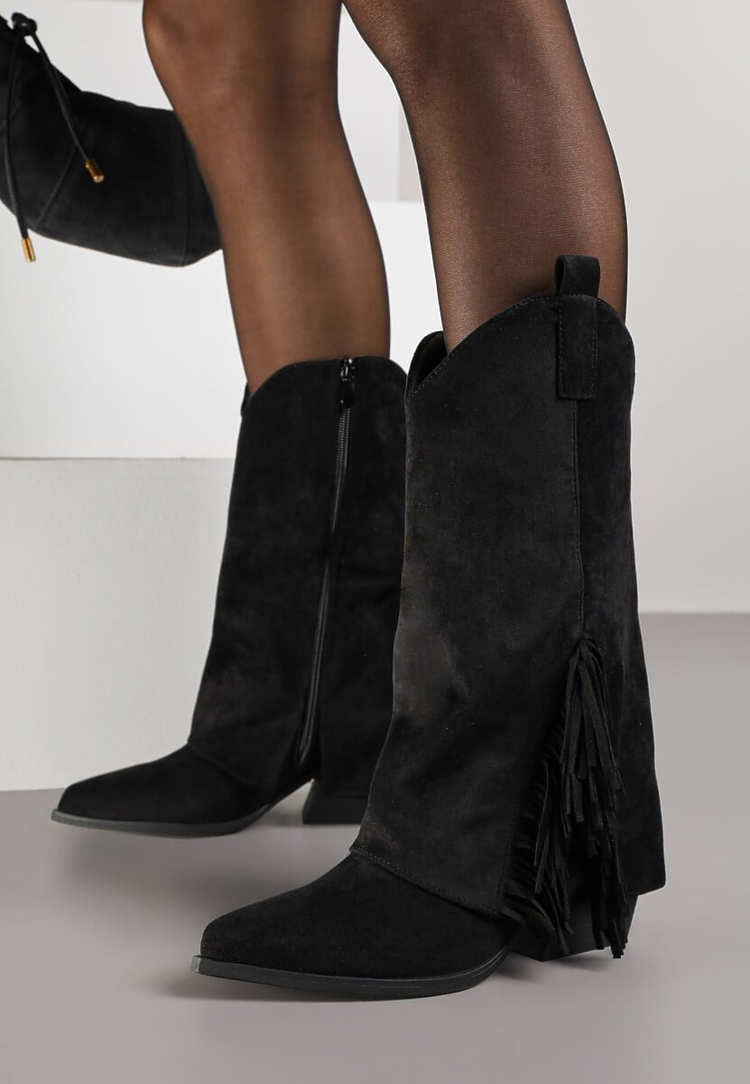 Czarne Botki Kowbojki na Stożku Ozdobione Frędzlami Reielle