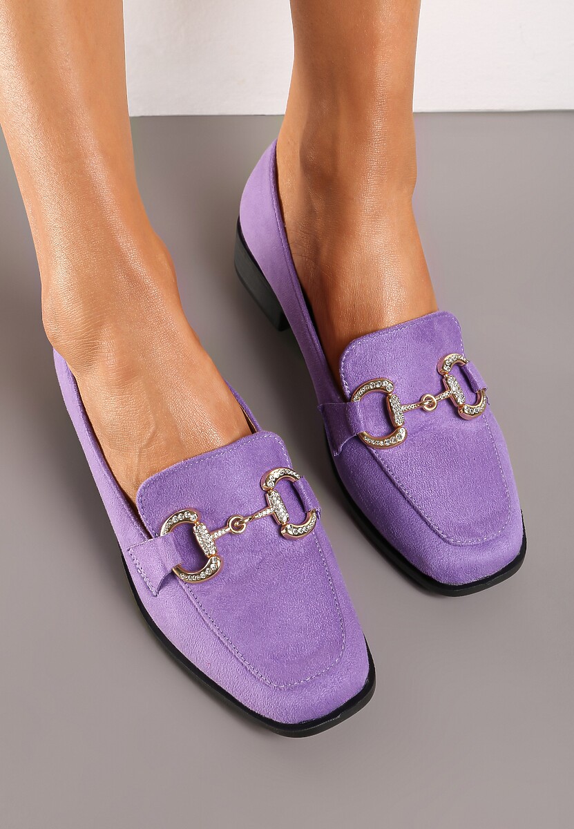 Fioletowe Casualowe Mokasyny na Płaskiej Podeszwie Ozdobione Klamrą i Cyrkoniami Pioleta