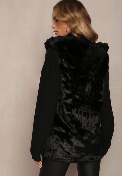 Czarna Kamizelka Futrzana z Kapturem Linie