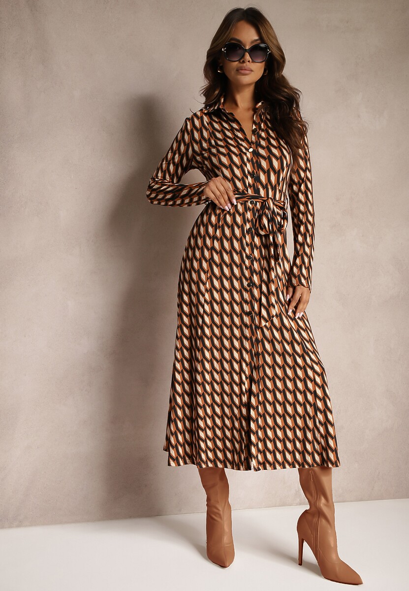 Brązowa Sukienka Koszulowa w Geometryczny Wzór Fendwe