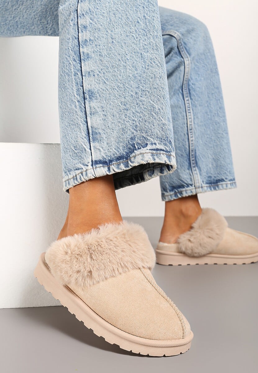 Beżowe Kapcie z Ekozamszu z Futrzaną Wyściółką Zoleti