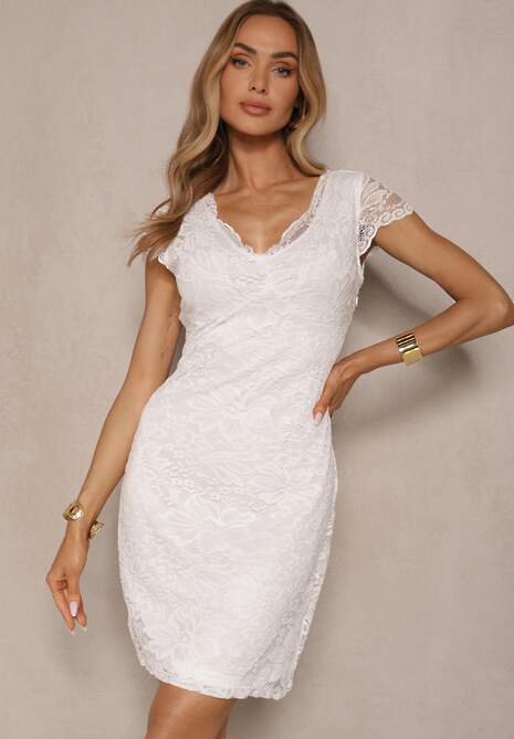 Biała Koronkowa Sukienka o Dopasowanym Kroju Kinana
