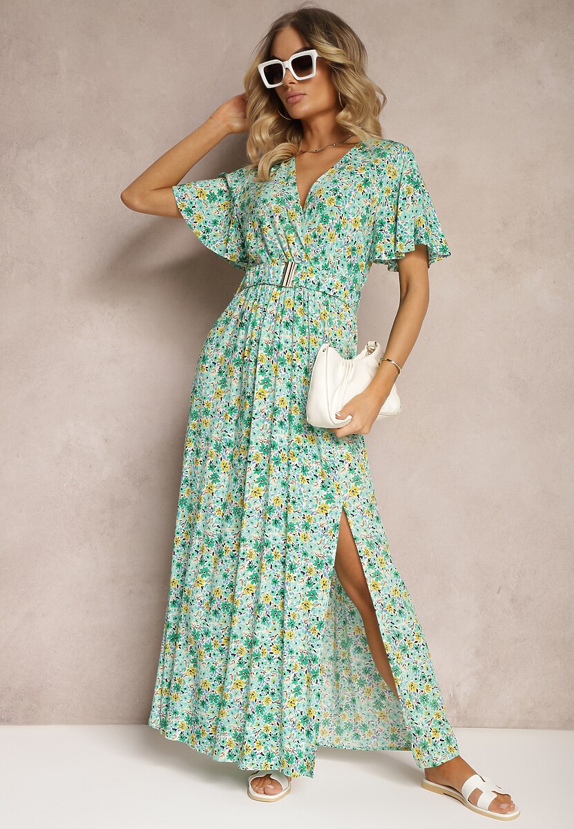 Zielona Kopertowa Sukienka z Wiskozy z Materiałowym Paskiem i Gumką w Talii z Rozcięciem Vikali