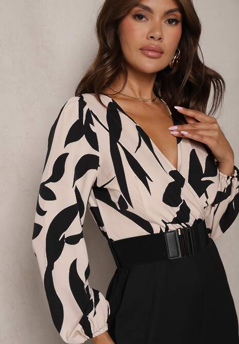 Beżowo-Czarny Długi Kombinezon z Kontrastową Górą i Pasem w Talii Bintia