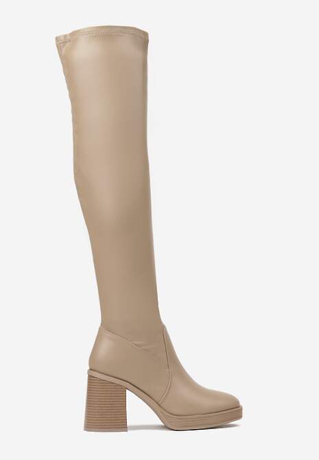 Ciemnobeżowe Kozaki na Słupkowym Obcasie z Przylegającą Cholewką za Kolano Sanvina