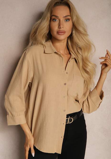 Beżowa Klasyczna Koszula Ozdobiona Kieszenią Zapinana na Guziki z Rękawem 3/4 Nestade