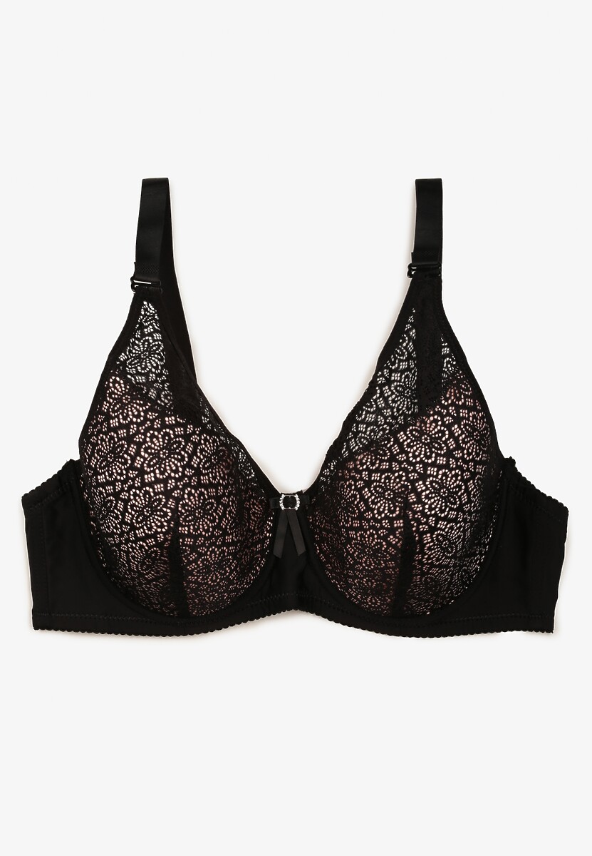 Czarno-Różowy Koronkowy Biustonosz Full Cup z Ozdobnymi Cyrkoniami na Kokardce Nikoriana