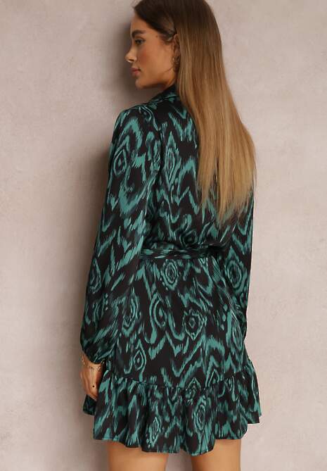 Zielona Sukienka Koszulowa z Wiązanym Paskiem i Falbankami Khristina