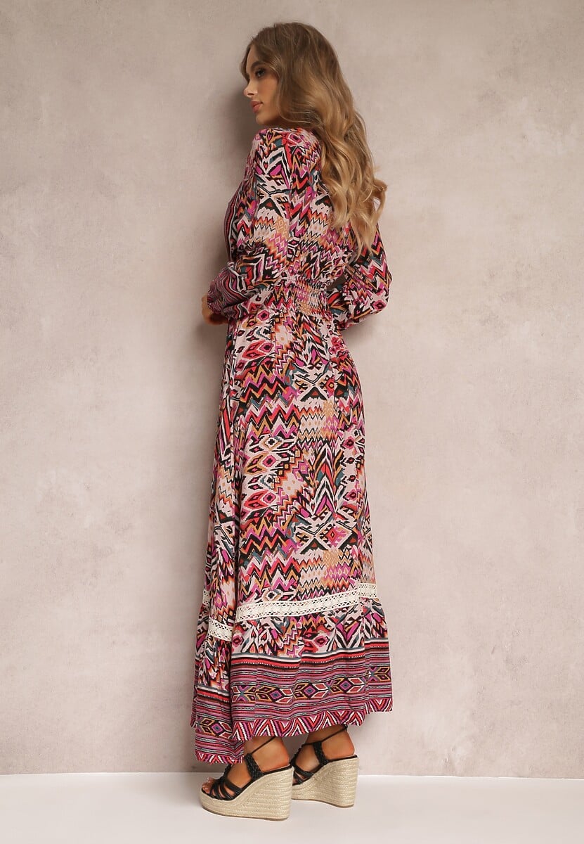Fuksjowa Sukienka z Gumką w Talii w Etno Wzór Kapha