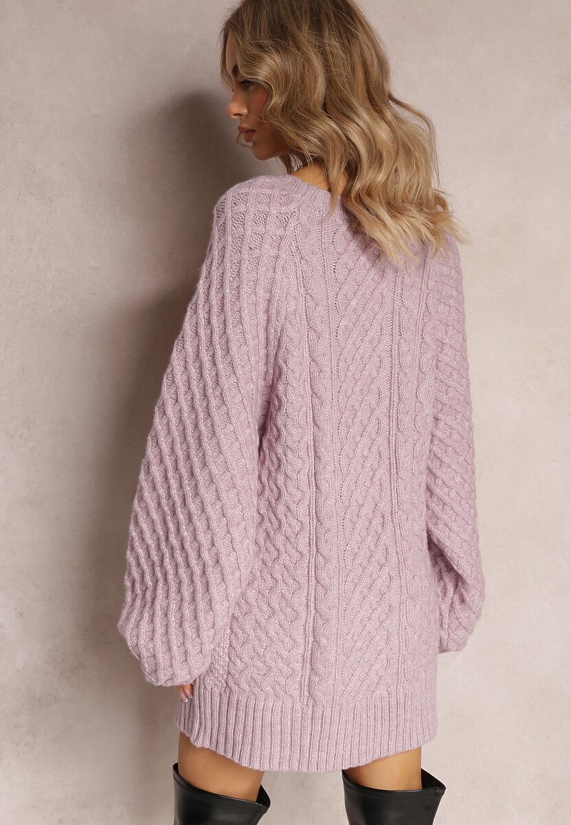 Jasnofioletowy Długi Sweter Ozdobiony Drobnym Splotem Killoe