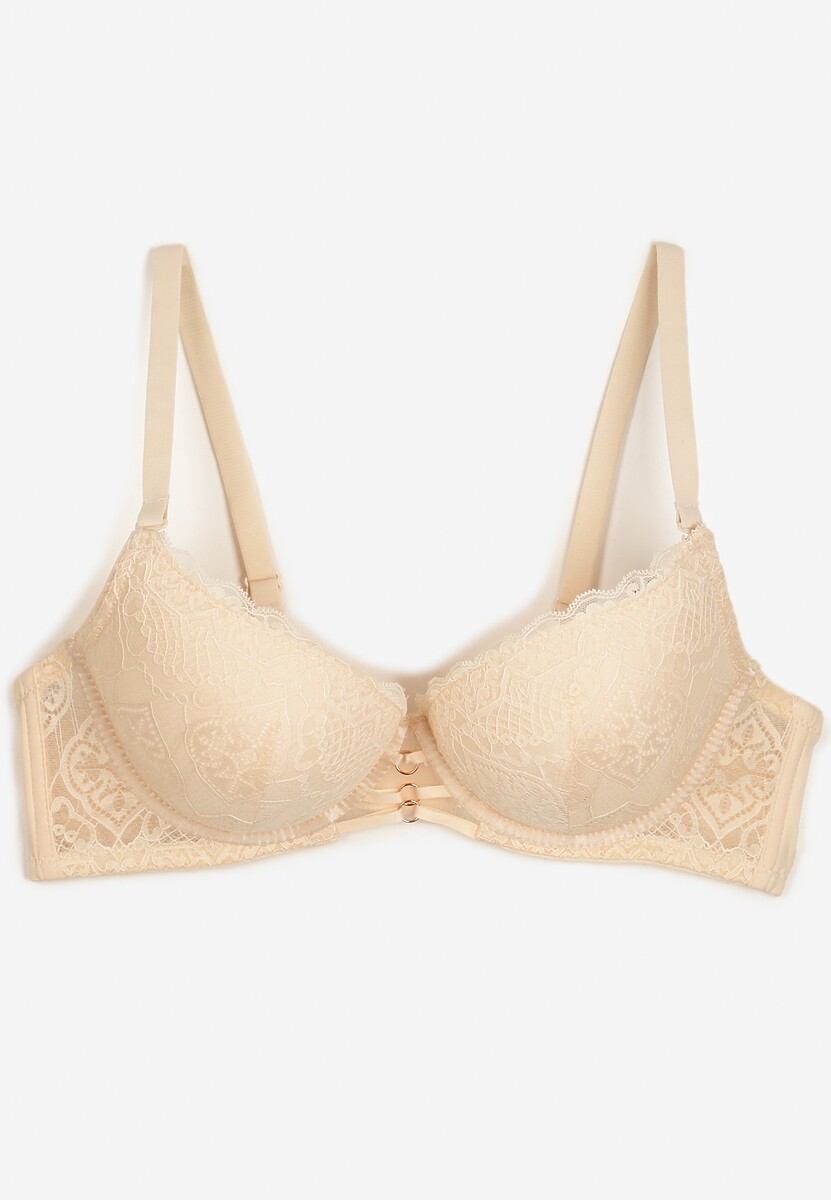 Beżowy Elegancki Biustonosz Miseczka C z Koronką i Zapięciem na Haftki Mairiel