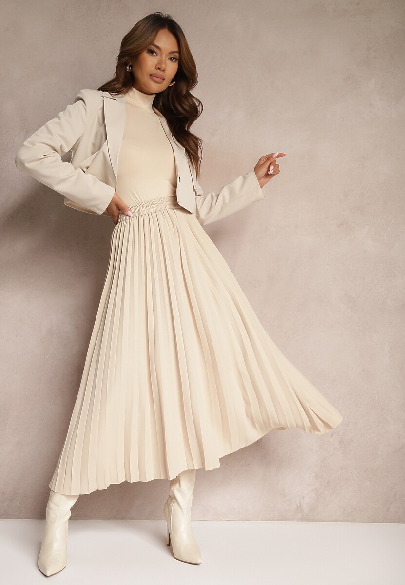 Beżowa Rozkloszowana Spódnica High Waist z Ozdobnymi Plisami i Gumką w Pasie Veratia