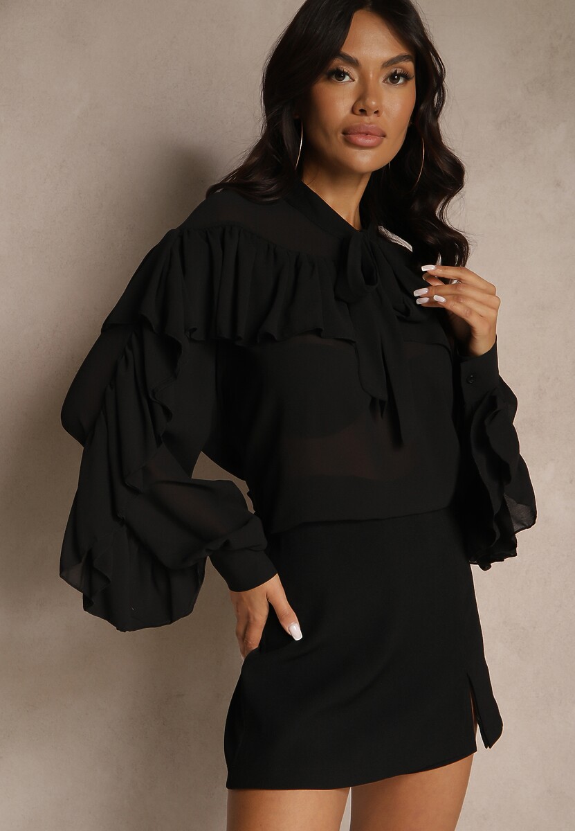 Biała Bluzka z Wiskozy z Transparentną Wstawką Falbanami i Wiązaniem Fillenea