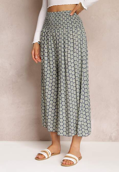 Granatowo-Zielone Szerokie Spodnie Bawełniane z Wysokim Stanem i Długością 7/8 Jorste