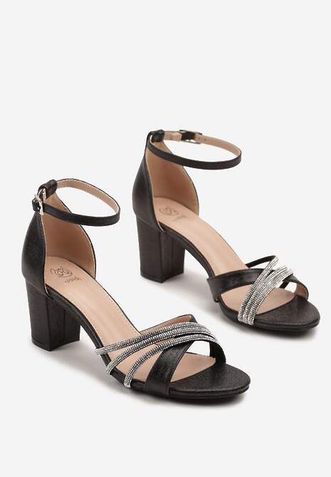 Czarne Sandały na Słupkowym Obcasie Zdobione Brokatem i Cyrkoniami Floreldi