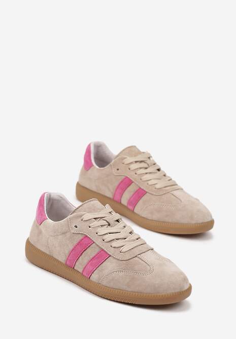 Beżowo-Różowe Płaskie Sneakersy z Wkładką ze Skóry Naturalnej Ozdobione Paskami Neladria
