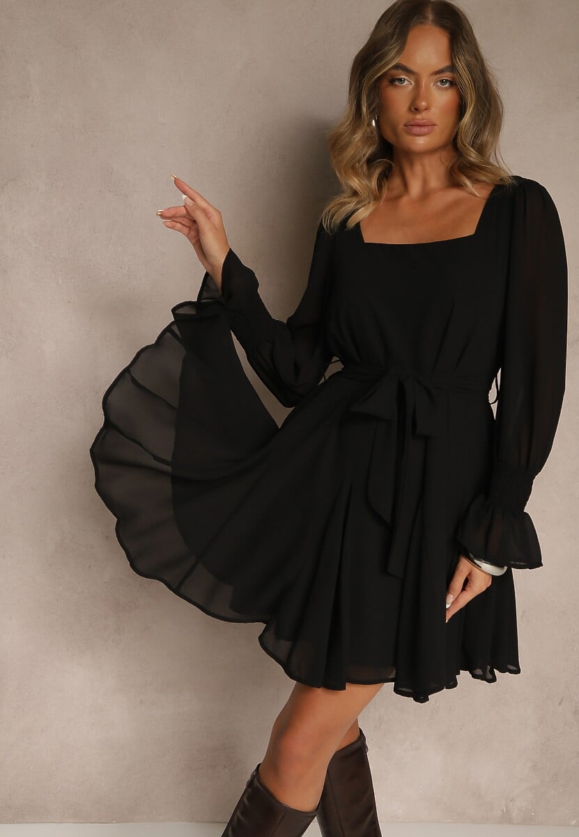 Brązowa Sukienka Vices z Półtransparentnymi Rękawami Wiązania w Talii Resmosa