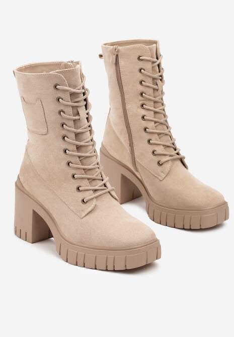 Beżowe Botki na Słupku i Platformie ze Sznurowaniem Ameni