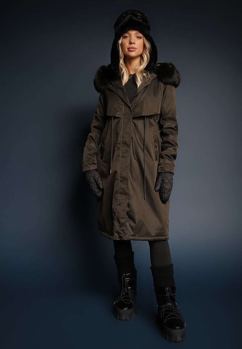 Granatowa Kurtka Płaszcz ze Ściągaczem i Kapturem z Ozdobnym Futerkiem Livieya