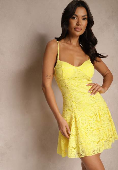Żółta Koktajlowa Koronkowa Sukienka o Rozkloszowanym Kroju Nelfedi