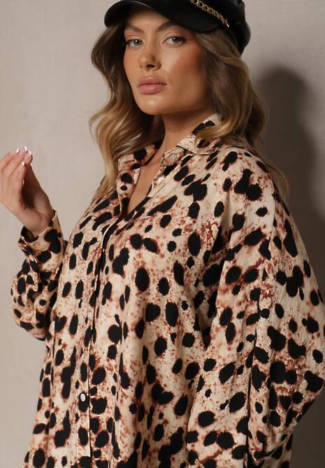 Beżowa Koszulowa Panterkowa Sukienka Typu Nietoperz z Wiskozy z Lnem Emindara