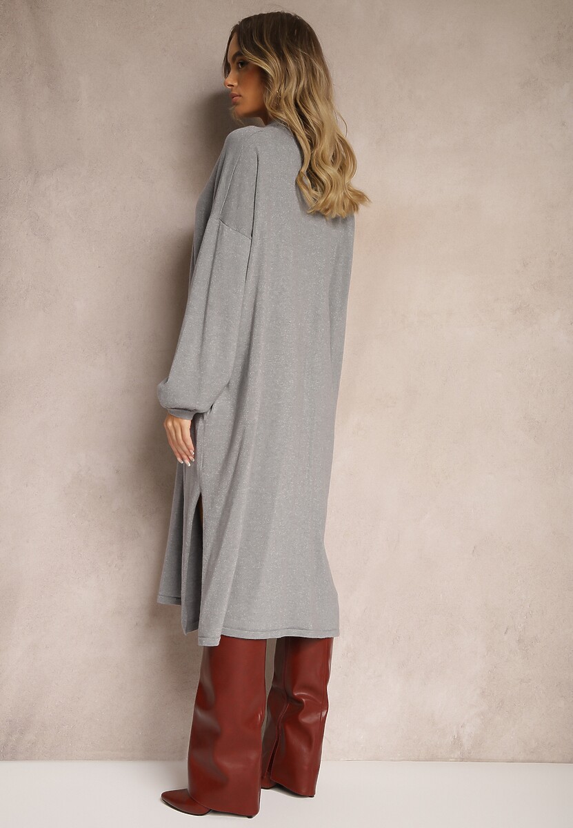 Szara Sukienka z Dodatkiem Wiskozy o Pudełkowym Kroju z Metaliczną Nicią Arkiria