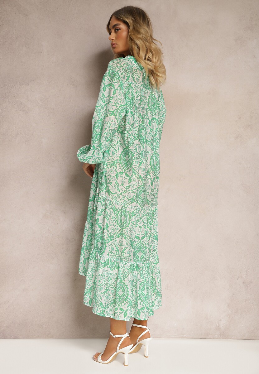 Zielona Kwiecista Sukienka o Rozkloszowanym Kroju z Dekoltem w Serek Nerpia