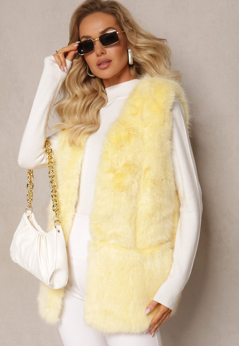 Niebieska Puchata Kamizelka z Futerka Ozdobiona Imitacją Skóry Tekllesa